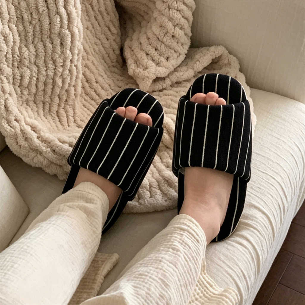 XIXITIAO รองเท้าแตะผ้าฝ้าย Four Seasons Universal ผู้ชายผู้หญิง Simple Stripes Home ซักเครื่องได้