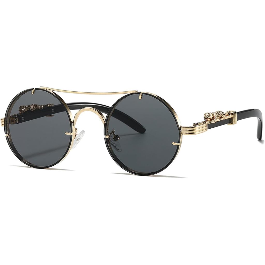 Vintage Round แว่นกันแดด Gold Leopard Fashion Double Bridge Punk Shades for Men Women