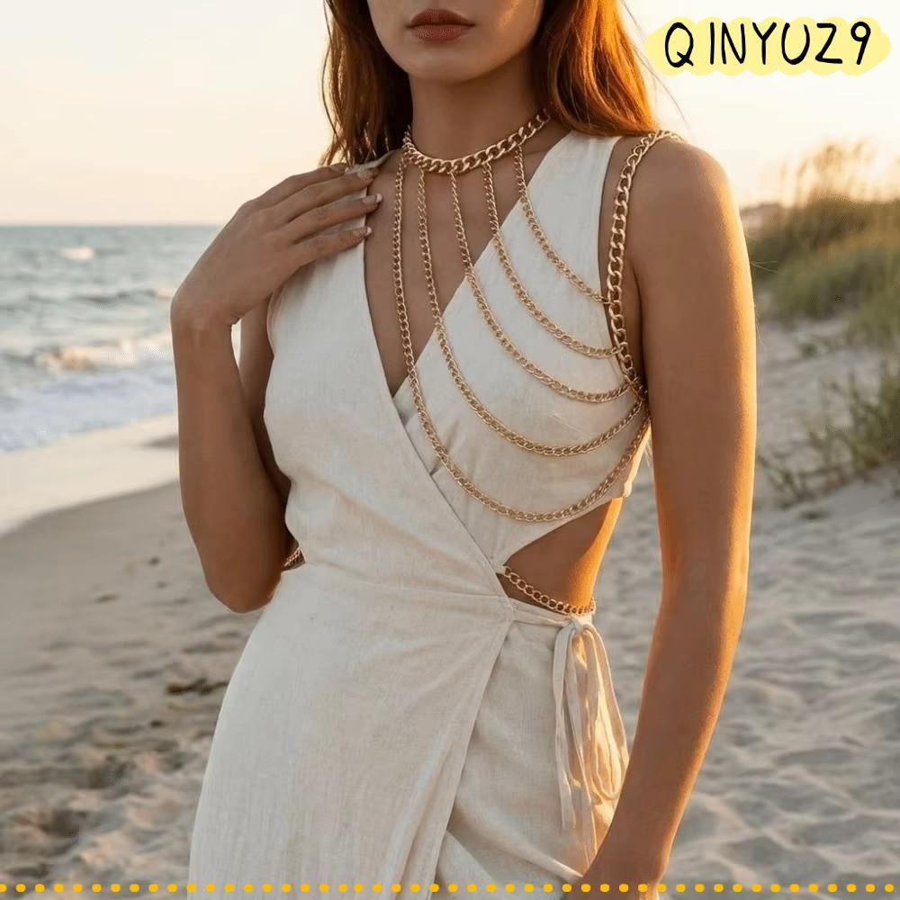 QINYUZ9QX หนึ่งไหล่สร้อยคอสร้อยคอ,หลายชั้น Y2K Body Chain เครื่องประดับ, แฟชั่น Punk ปรับสร้อยคอผู้ห