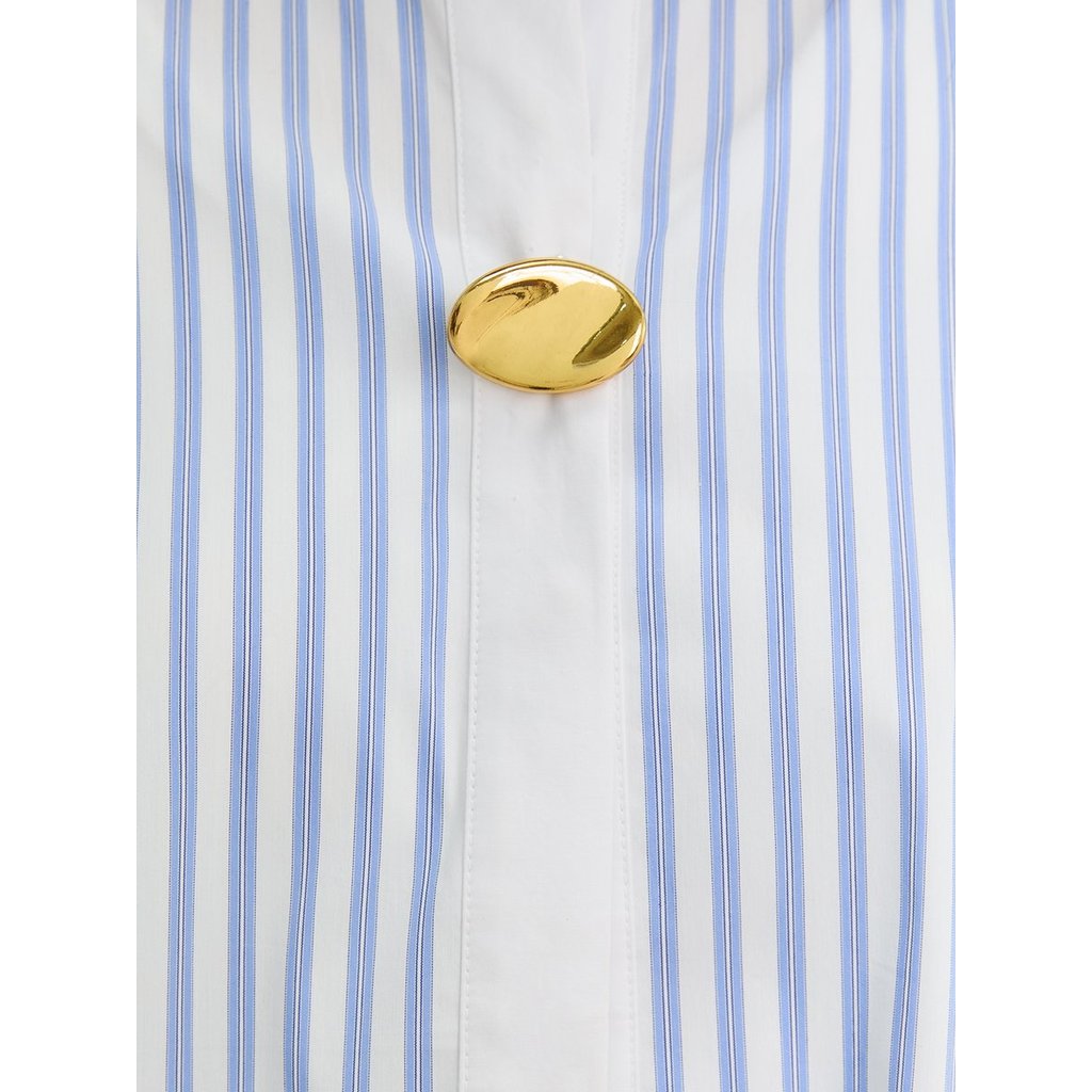 [Pomelo] เสื้อเชิ้ตลายทางไม่สมมาตรพร้อมกระดุม / Asymmetric Stripe Button Detail Shirt — صورة 5