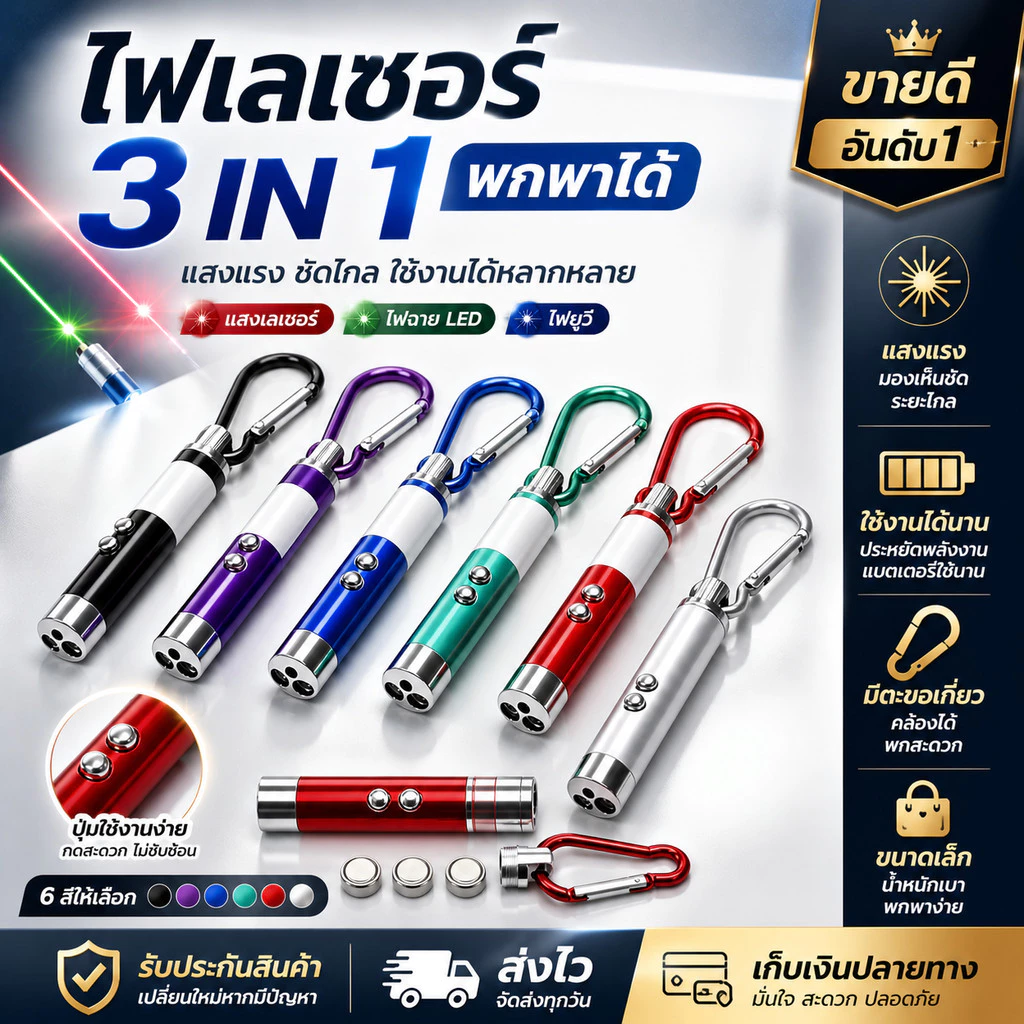 เลเซอร์ล่อแมว LED ไฟฉายล่อแมว ไฟฉายพวงกุญแจ 3 in 1 เลเซอร์สีเขียว แสงเลเซอร์ล่อแมว ของเล่นแมว พร้อมส่ง ล่อแมว
