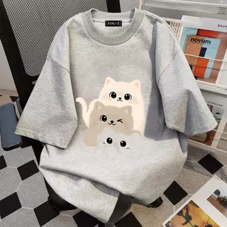 YOU-T🐆เสื้อแฟชั่น ใส่สบาย เสื้อยืดแขนสั้น ลาย เสื้อ"Three cats" ผ้านิ่ม OVERSIZE แฟชั่น ผ้าฝ้าย 100% สไตล์เกาหลี