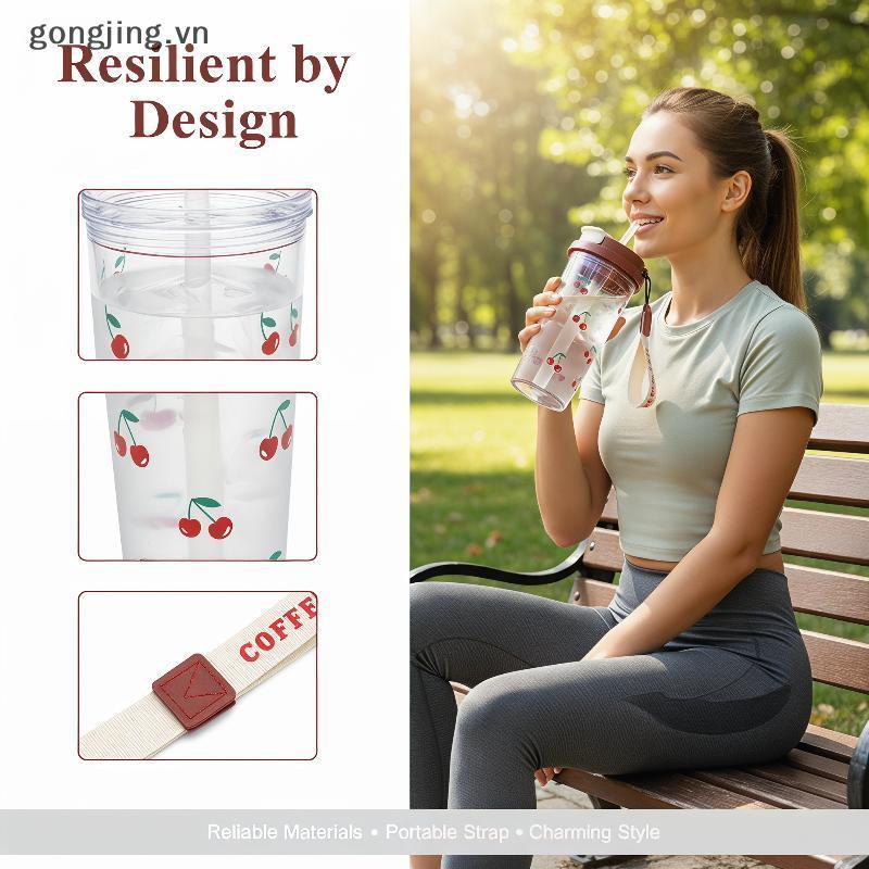 Gongjing ขวดน้ําพลาสติก 580Ml Cherry Double Straw สําหรับนักเรียน Leakproof Cup นํากลับมาใช้ใหม่สําห
