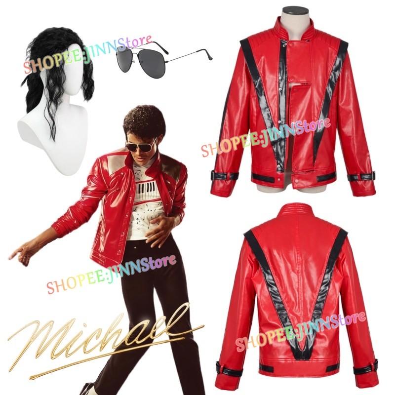 -JINN-Film MICHAEL คอสเพลย์เครื่องแต่งกาย MICHAEL JACKSON เสื้อแจ็คเก็ตหนังสีแดงวิกผมชุดแว่นกันแดดอะนิเมะคอสเพลย์