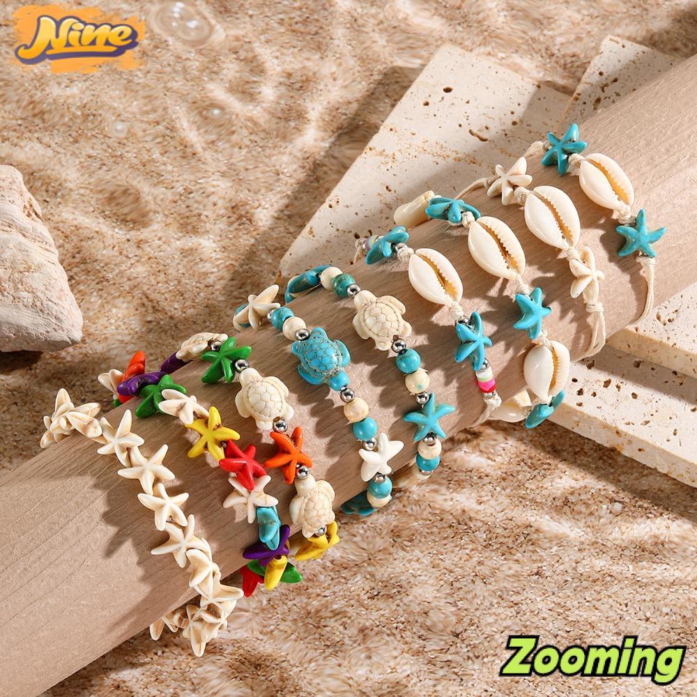 Zooming สร้อยข้อมือเปลือกหอยเต่า,หลากสีชายหาดปลาดาวสร้อยข้อมือเสน่ห์,สร้อยข้อมือโบฮีเมียนถักปรับได้