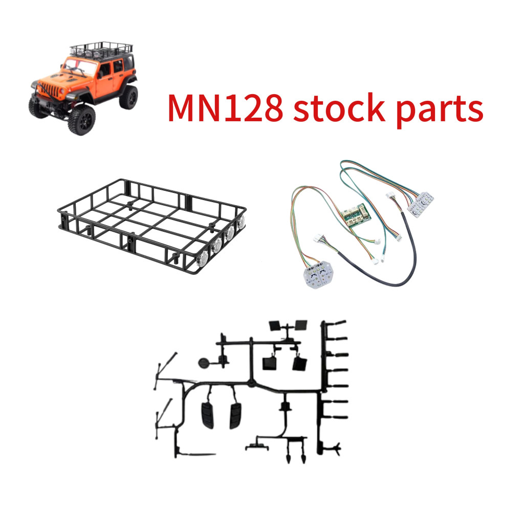 HiPoRC MN128 Wrangler RC Car Parts stock: กระจกมองหลัง, แร็คหลังคา, ไฟลิงค์, น็อตล็อคยาง
