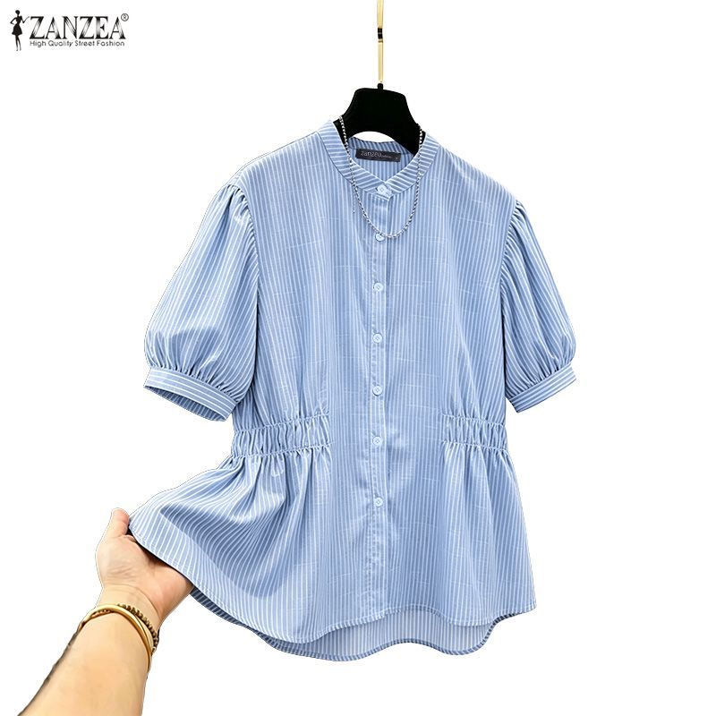 ZANZEA ซานเซีย เสื้อเชิ้ตทรงหลวมแขนสั้นคอกลมลายทางแฟชั่นเกาหลีสําหรับผู้หญิง