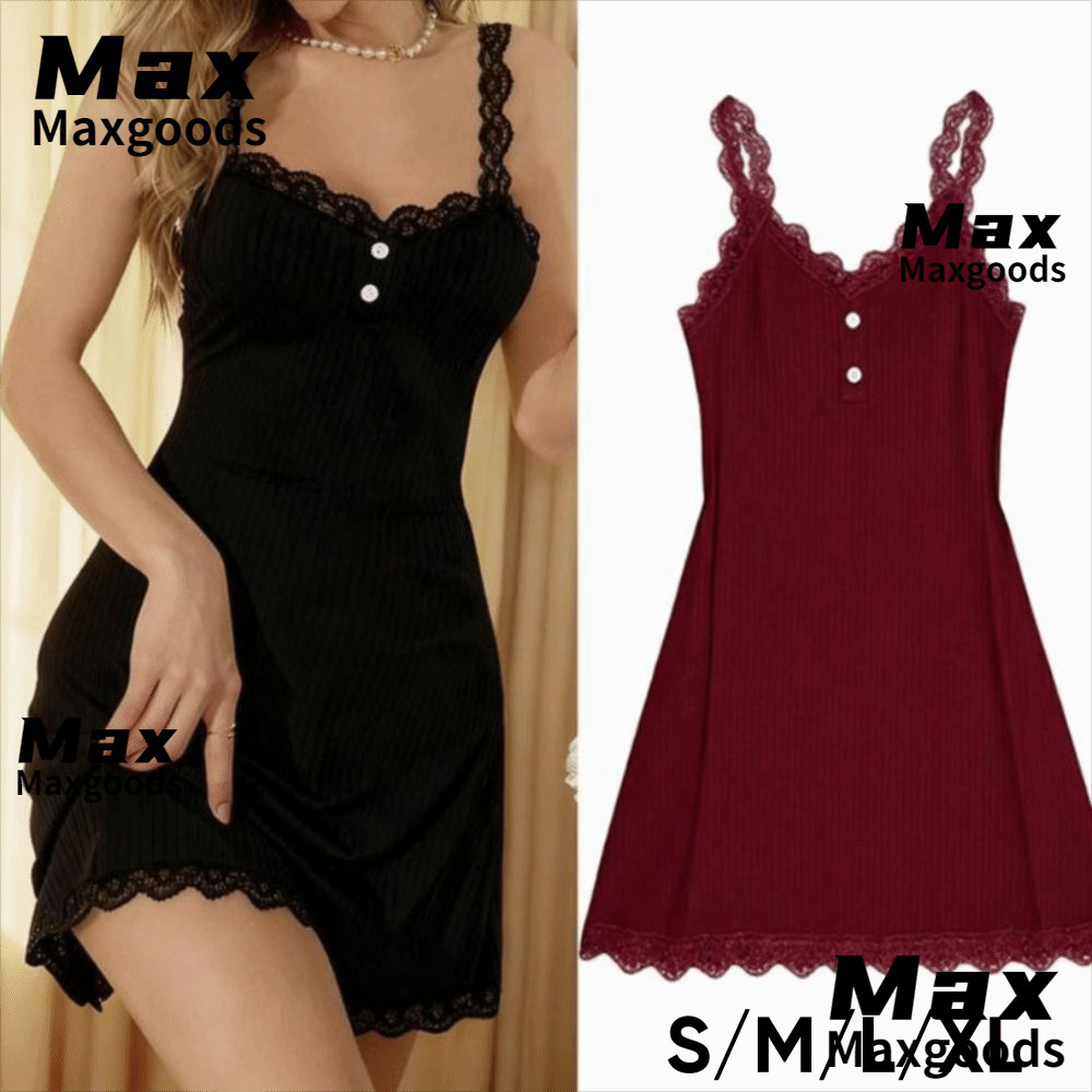 MAXG Ribbed Nightgown, Bodycon แขนกุดลูกไม้ Trim Nightgown,สบายสปาเก็ตตี้ Slim-Fit ชุดนอนชุดนอน