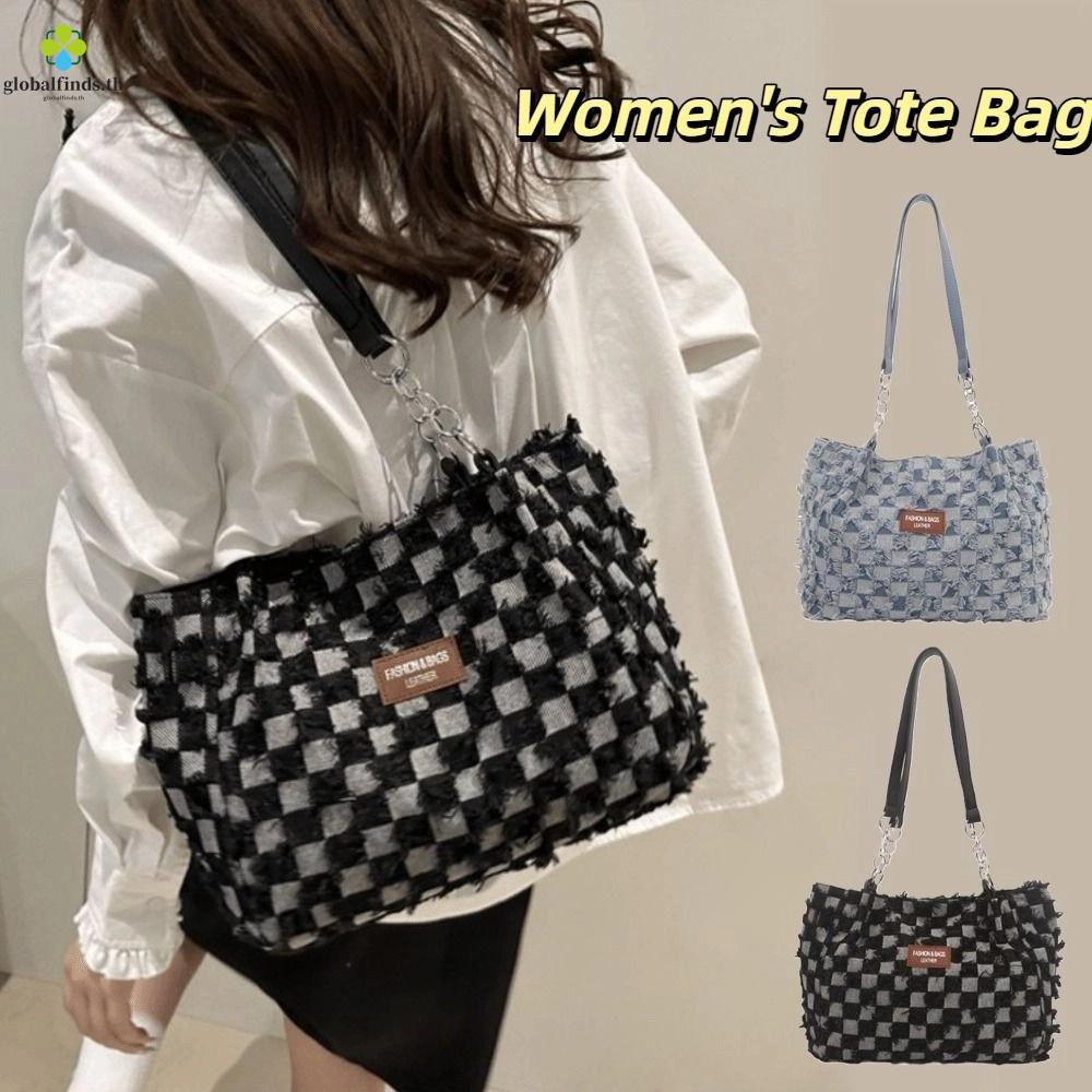 LFINDS กระเป๋าโท้ทผู้หญิง, Beggar Style Jeans Denim Shoulder Bags, Korean Plaid Versatile Vintage Co