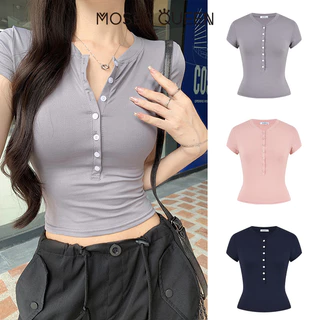 MOSESQUEEN มอสส์ ราชินี เสื้อยืดแขนสั้นติดกระดุมครึ่งคอปก -เสื้อกีฬาทรงเข้ารูปเฉพาะฤดูร้อนสําหรับผู้หญิง #63595