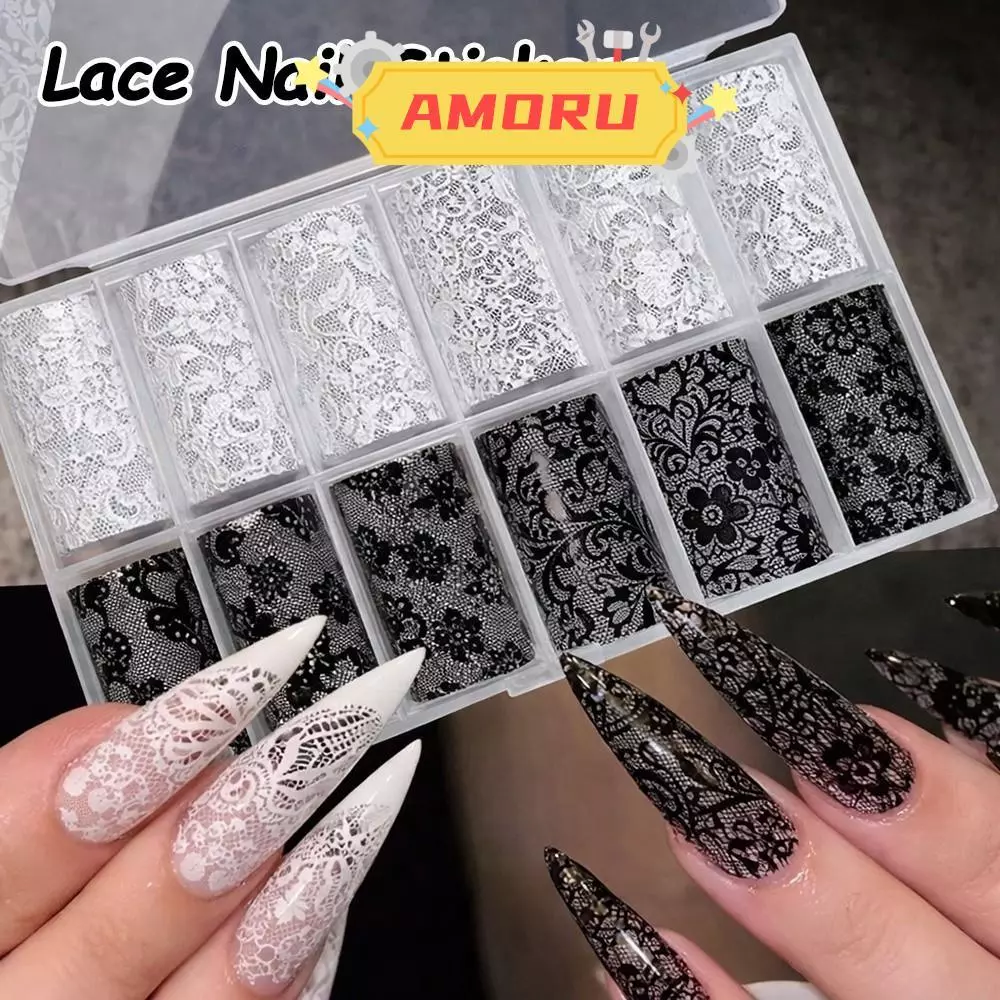 AMOR12U7 ฟอยล์,ลายสีดําสีขาวสติ๊กเกอร์ติดเล็บ,แฟชั่นลูกไม้ออกแบบเลื่อมผลเสือดาวพิมพ์สติ๊กเกอร์ติดเล็บตกแต่งเล็บ