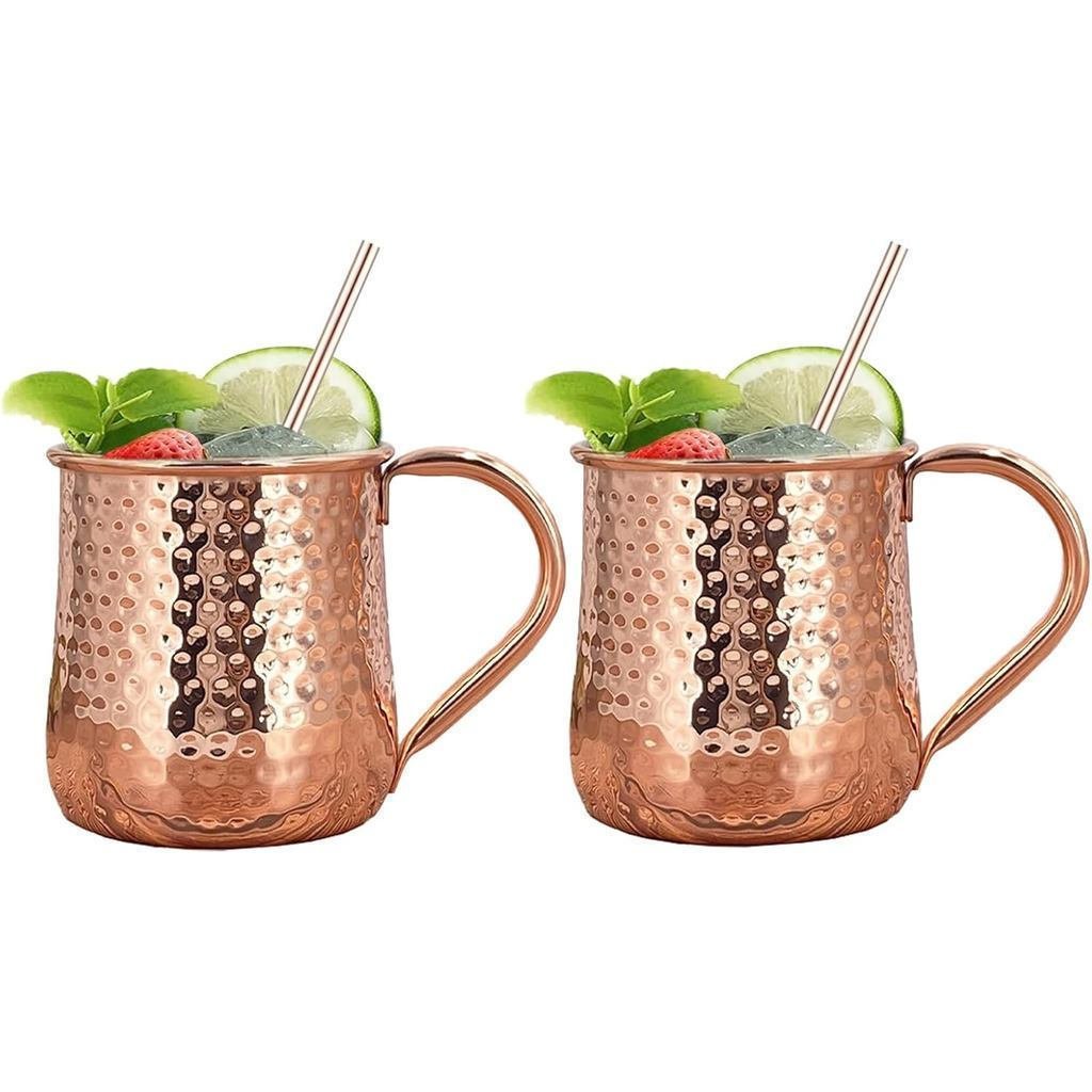Moscow Mule Mug 2 ชุด,17 ออนซ์ถ้วยทองแดงตอก,เข็มขัด 304 ซับในสแตนเลสและด้ามจับทองแดง,เหมาะสําหรับเคร