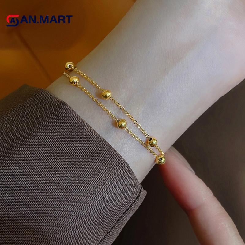 AN.MART สร้อยข้อมือเหล็กไทเทเนียม Simple Ball สร้อยข้อมือเครื่องประดับผู้หญิง Colorfast สร้อยข้อมือว