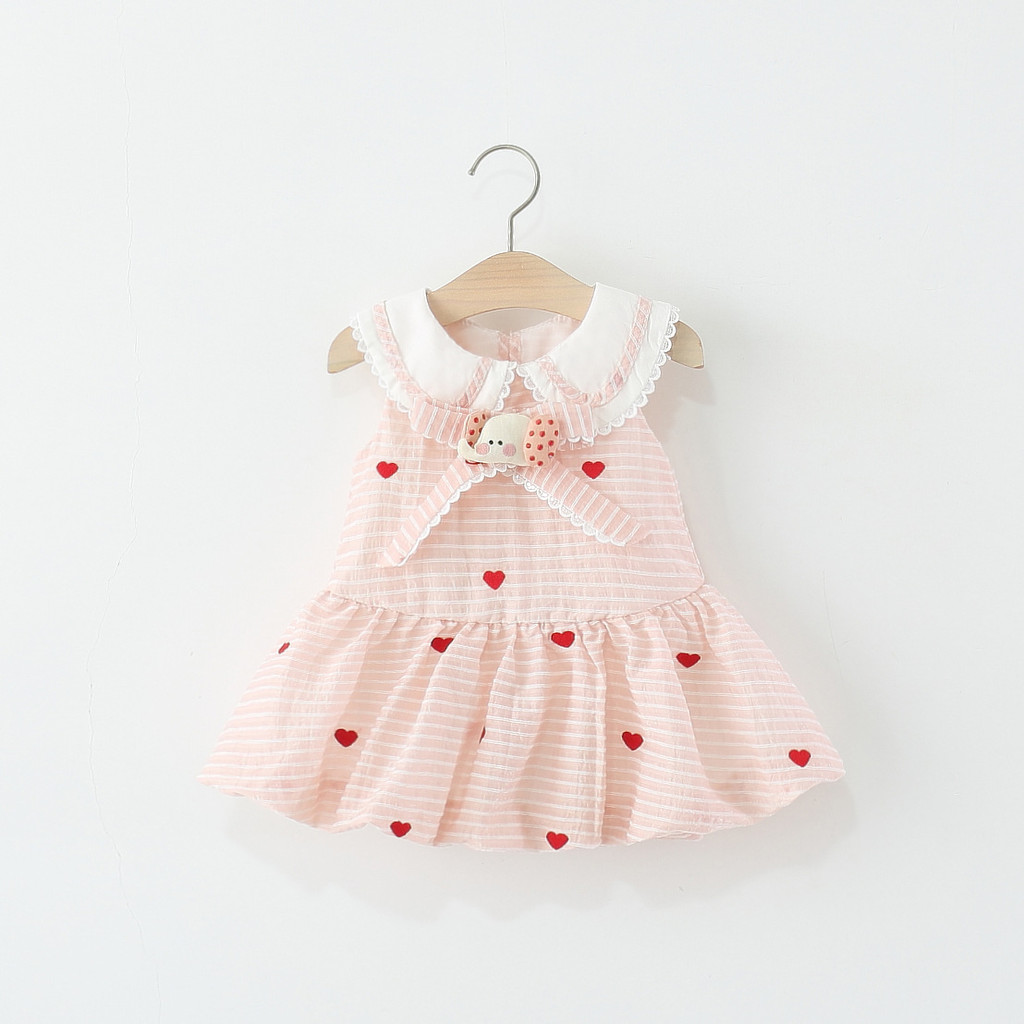 ฤดูร้อนใหม่เด็กผู้หญิงลาย Love Dress น่ารักกระต่ายน้อยตกแต่งตุ๊กตาลูกไม้ Sleevel