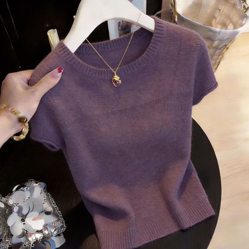 เสื้อถักแขนสั้นสีม่วงสำหรับฤดูร้อน สวมใส่ง่าย เนื้อผ้านุ่มเบา ดูทันสมัย
