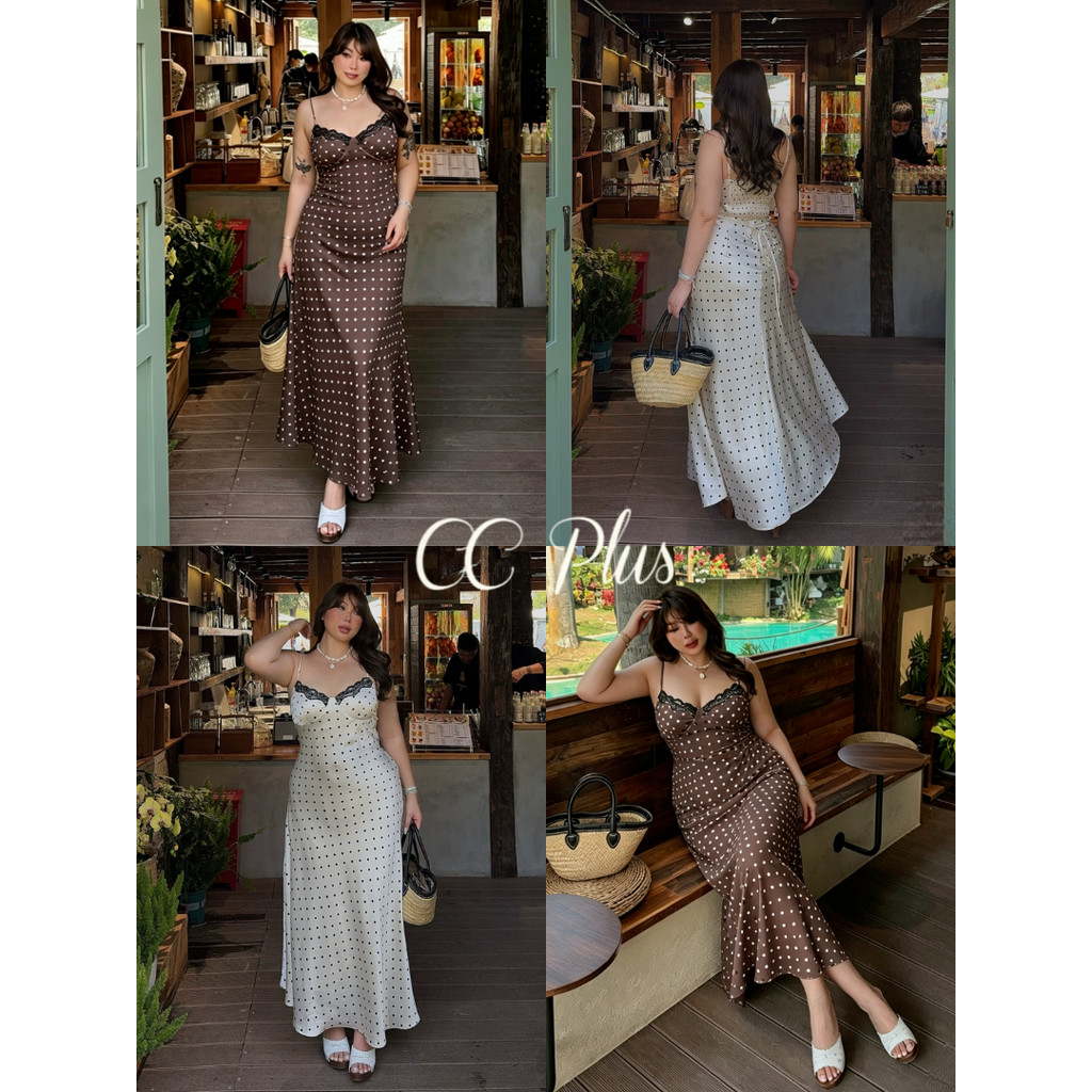 CiCi Plus+(3421) เดรสยาวสายเดี่ยวPokadot แต่งลูกไม้ช่วงอก สายปรับได้และมีซิบข้าง ดีเทลผูกหลัง มีซับใน สไตล์สาวพลัสไซส์