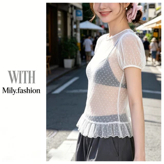 เสื้อยืดรอบคอดีไซน์พิเศษ ลายโopolกาดอท พัฟแขน เหมาะสำหรับฤดูร้อน