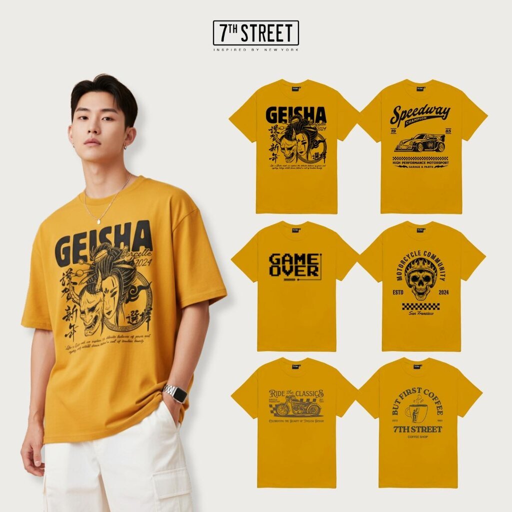 รวมลายเสื้อยืดคอกลมแขนสั้น 7ᵗʰ Street (Light) สีมัสตาร์ด สกรีนลายกราฟฟิค ทรงหลวม ไหล่ตก ไม่รัดตัว เนื้อผ้า 100% Cotto...