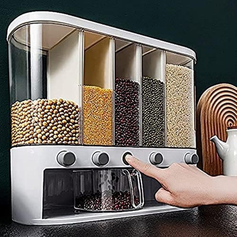 Dry Food Dispenser,Wall mounted 5 Grid Cereal Dispenser,Rice dispenser 25 pounds Kitchen Storage wit