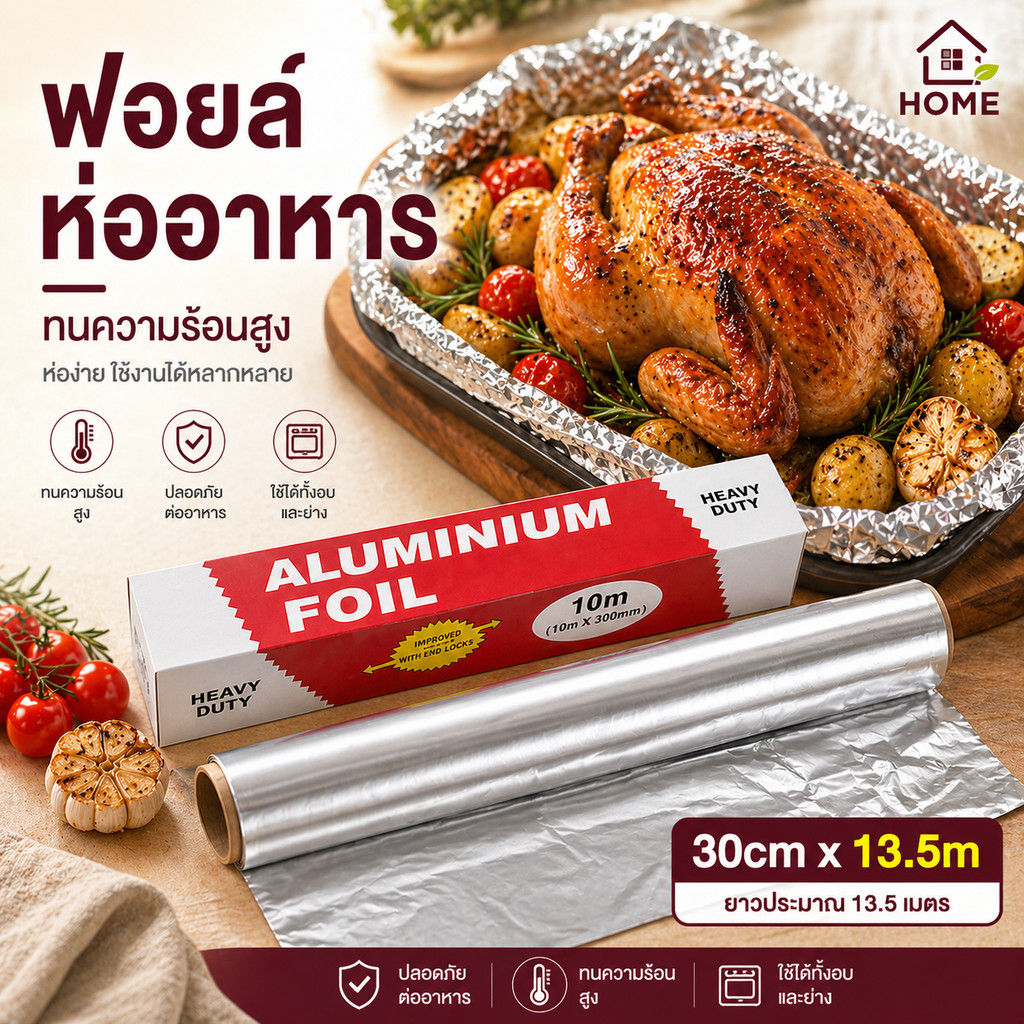 Home007 ฟอยล์ห่ออาหาร อลูมิเนียมฟอยล์ ขนาด 30cm x 20m ฟอยล์เงินห่ออาหาร กระดาษฟอยล์ Aluminium Foil