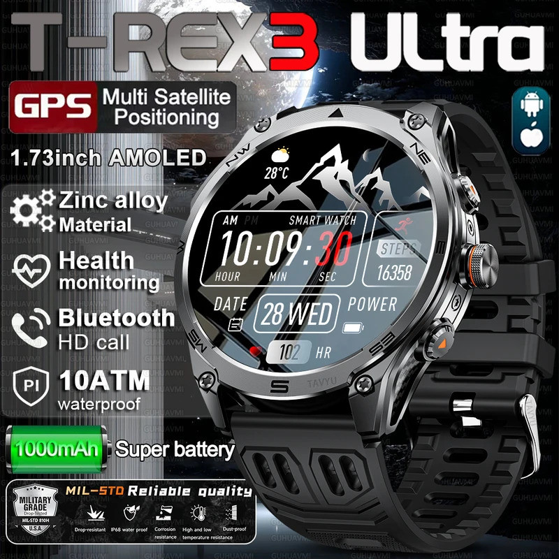 T-Rex 3 ULtra ทหารเกรด 1000mAh แบตเตอรี่สมาร์ทนาฬิกา 10ATM กันน้ํา GPS call AMOLED HD ผู้ชาย 100 + ก