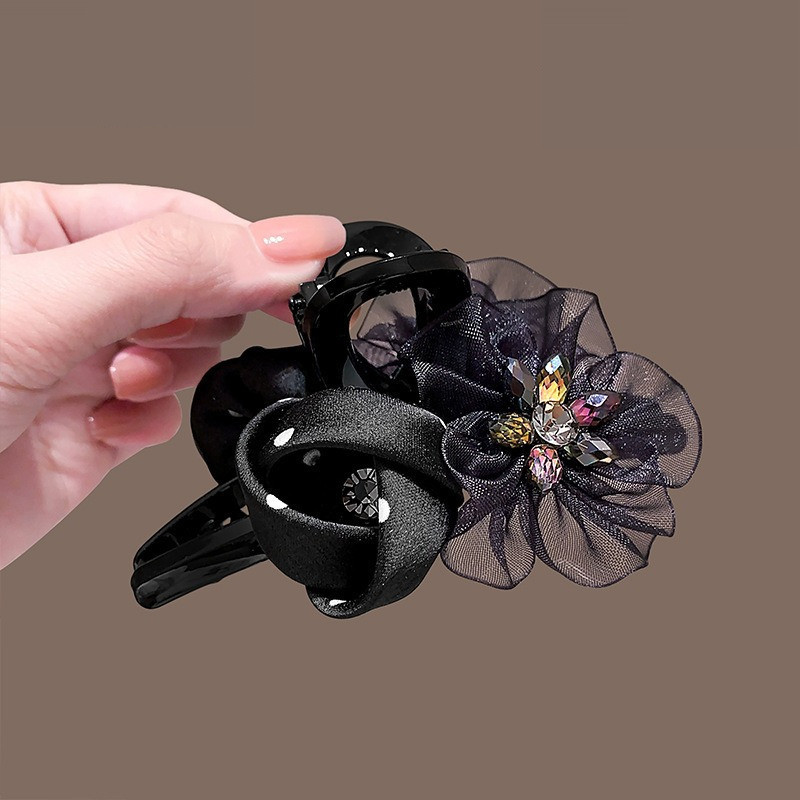 MAUROPOLI Elegant Mesh Crystal Flower Grab Clip All-Match Classy Back Head Full Hair Shark Clip