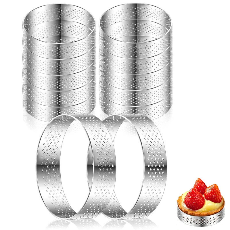 LMETJMA 12 Pcs Round Tart Rings Perforated Baking Tart Rings Stainless Steel Nonstick Cake Mousse Ri