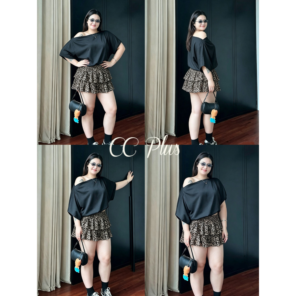 Cici Plus+(2615) กระโปรงลายเสือสาวอวบ ทรงระบาย 2 ชั้น พลัสไซส์ แซ่บมาก! กระโปรงสั้นเอวยางยืด สไตล์เกาหลี Y2K