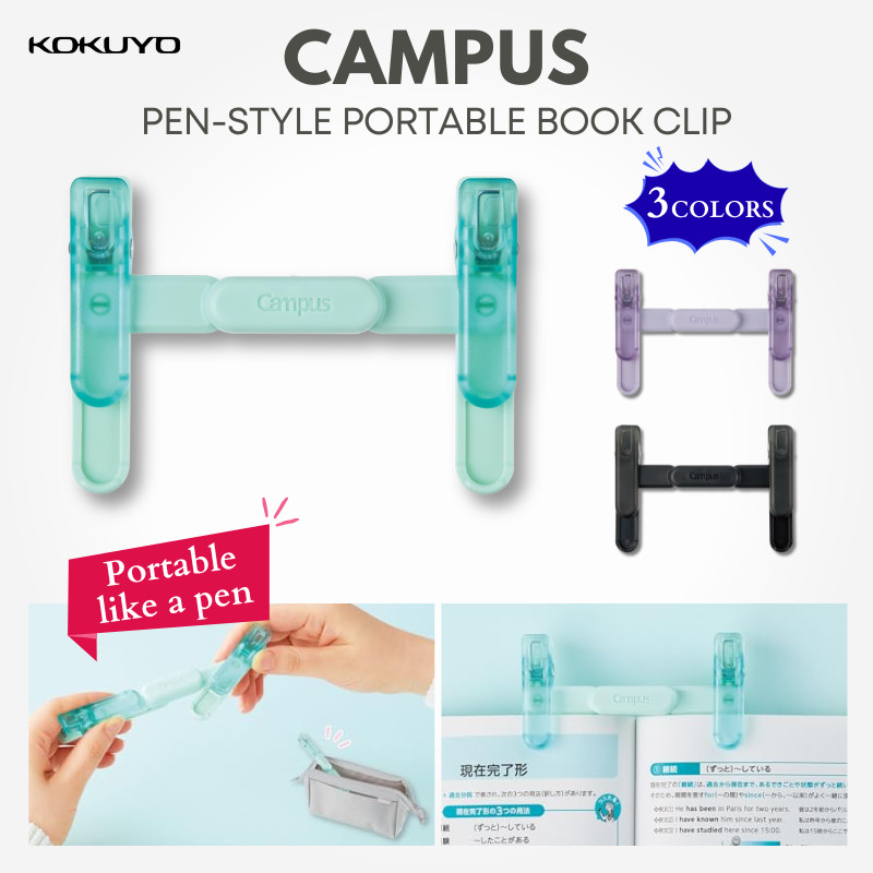 KOKUYO Campus Portable Book Clip Pen-Style Compact Page Holder, Green, Black, Purple