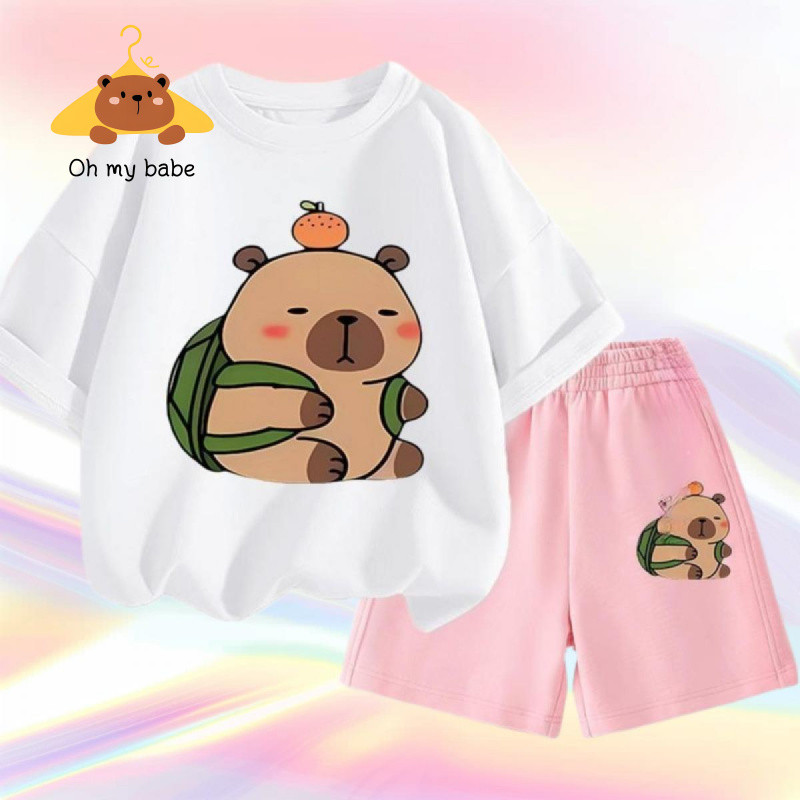 [COD]LE2(hot) ชุดเสื้อแขนสั้นลายคาปิบาราคอกลมสำหรับเด็กโต ชุดสองชิ้นใหม่ที่ใส่สบายสำหรับฤดูร้อนปี 2026 สำหรับผู้ชายและผู