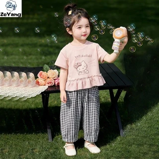 [ZY] 80-130 พร้อมสต็อกเด็กเสื้อยืดแขนสั้นลําลองสีชมพู Ruffled ลายสก๊อต T หญิงน่ารัก Bottoming เสื้อการ์ตูน All-Match Top เสื้อผ้าเด็กแฟชั่น Fast Shipping