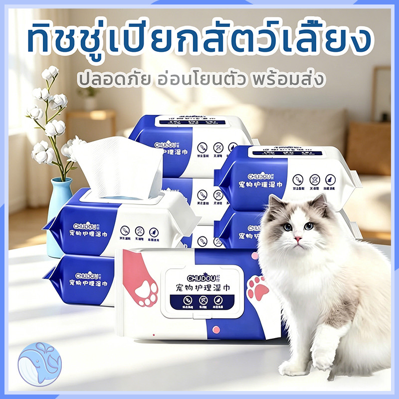 ทิชชู่เปียกทำความสะอาดสัตว์เลี้ยง 80 แผ่น แผ่นเช็ดตาและหู สำหรับสุนัขและแมว