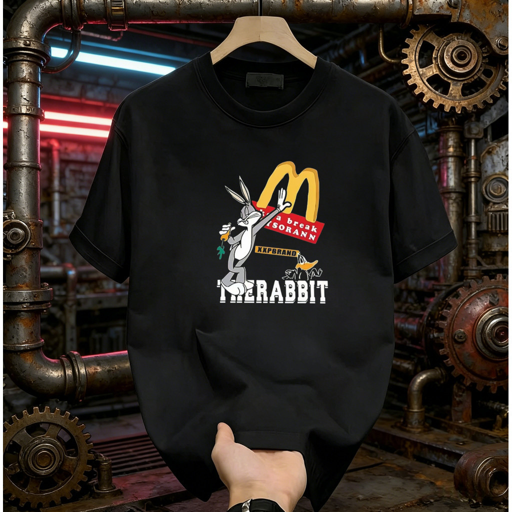 สไตล์อเมริกันRetro Bunny Co-Branded Themeเสื้อยืดแขนสั้นหลวมStreetสวมเสื้อยืดผู้ชายผู้หญิงสไตล์เดียวกันอินเทรนด์คนรักขนาดใหญ่