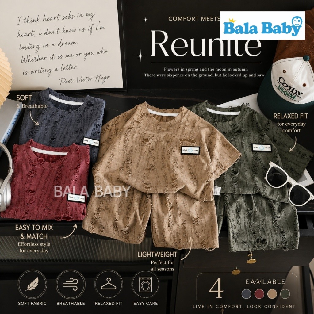 ชุดเด็กผู้ชายลายเท็กซ์เจอร์ เซ็ตเสื้อ+กางเกง ใส่สบาย สไตล์มินิมอล แต่งขาด Size80-120cm DXT105