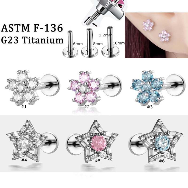 1 ชิ้น/เดี่ยวดอกไม้ Star Shape G23 ไทเทเนียม Zirconia แบนหัว Labret หูสตั๊ดภายในต่างหู Helix Lobe Daith สดเจาะ 16Gauge