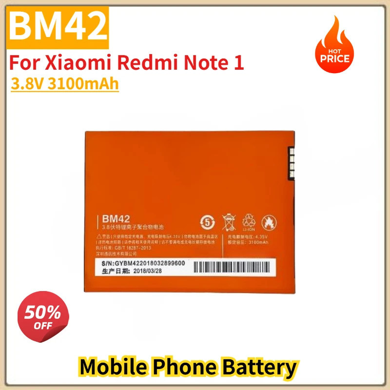 BM42 แบตเตอรี่โทรศัพท์คุณภาพสูง 3.8V 3100mAh สําหรับ Xiaomi Redmi หมายเหตุ 1 ยี่ห้อใหม่เปลี่ยนแบตเตอ