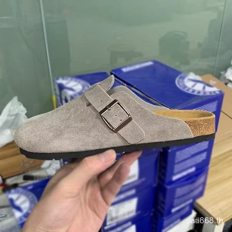 BIRKENSTOCK สต็อกBirkenstock Boston ผู้ชาย/หญิงคลาสสิก Cork สีน้ําตาลเข้มรองเท้าแตะหนังรองเท้าแตะ VBDL