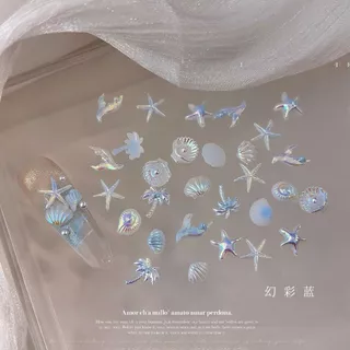 50ผสมเมจิกที่มีสีสันออโรร่าเปลือกชิ้นอุปกรณ์แต่งเล็บฤดูร้อนปลาดาวเปลือกหอยสังข์น้ําแข็งใสที่มีสีสันตกแต่งเล็บ