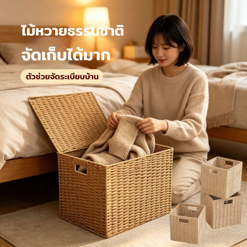 E MEIJIA ตะกร้าหวายสาน พร้อมฝาปิด กล่องเก็บของ  สําหรับจัดเก็บของ