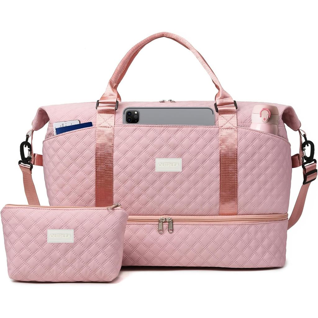50LLargeTravelDuffelBagwithShoeCompartment & ToiletryBagforWomen,LargeHospitalBagwithWetPocket,สีชมพ