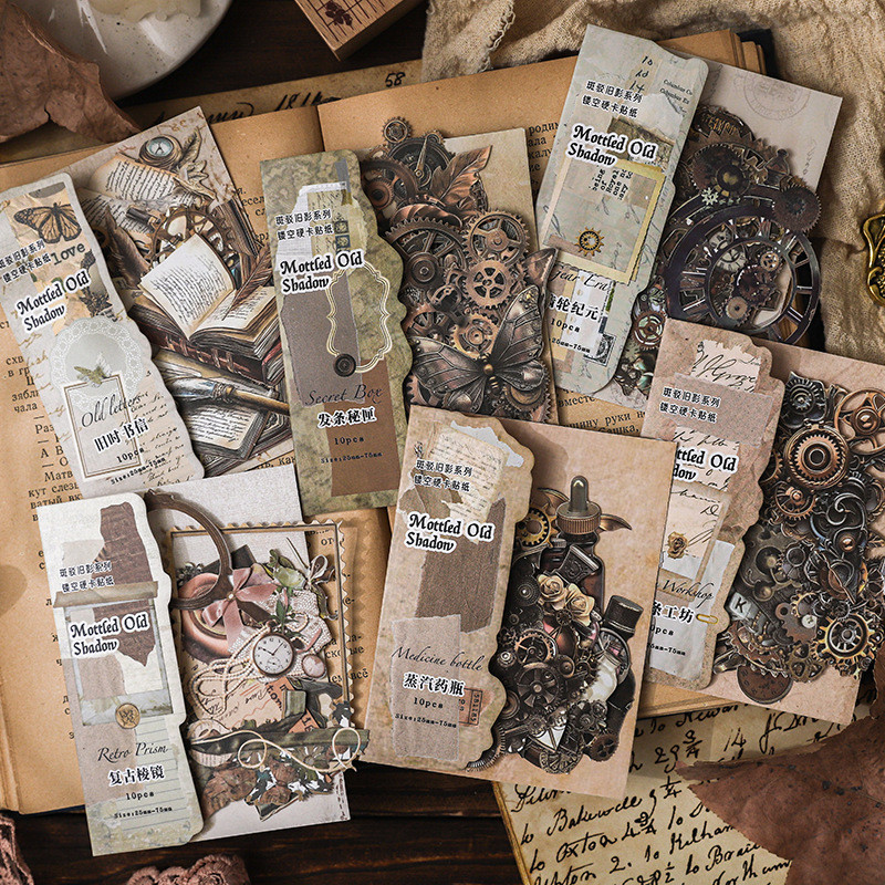 Journamm 10pcs Vintage Hollow Out Mechanical สติกเกอร์ตกแต่ง DIY Scrapbooking วัสดุ Art Collage เครื่องเขียนความงามสติกเกอร์