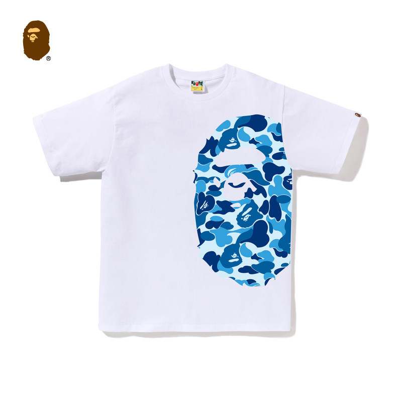 BAPE เสื้อยืด unisex เทรนด์ผ้าฝ้าย 100% ลายพรางด้านข้างพิมพ์ลายหัว ape แขนสั้นยอดนิยม