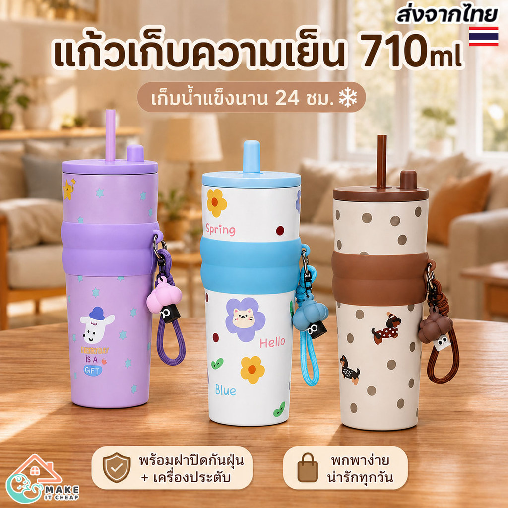 แก้วน้ำของขวัญ 710ml เก็บน้ำแข็งได้ 24 ชม. พร้อมฝาปิดกันฝุ่นและเครื่องประดับน่ารัก เหมาะสำหรับทุกวัน