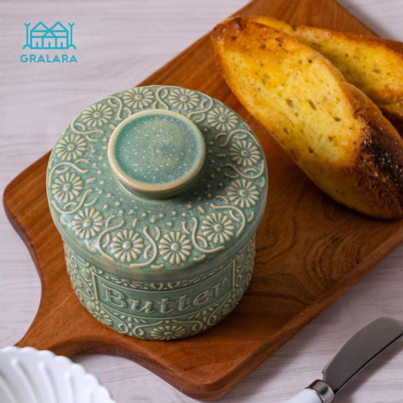 [Gralara] French Butter Crock พร้อมฝาปิดผู้ถือเนยเซรามิค Retro Butter Storage Box Creative Porcelain จานสําหรับตกแต่งห้องครัว
