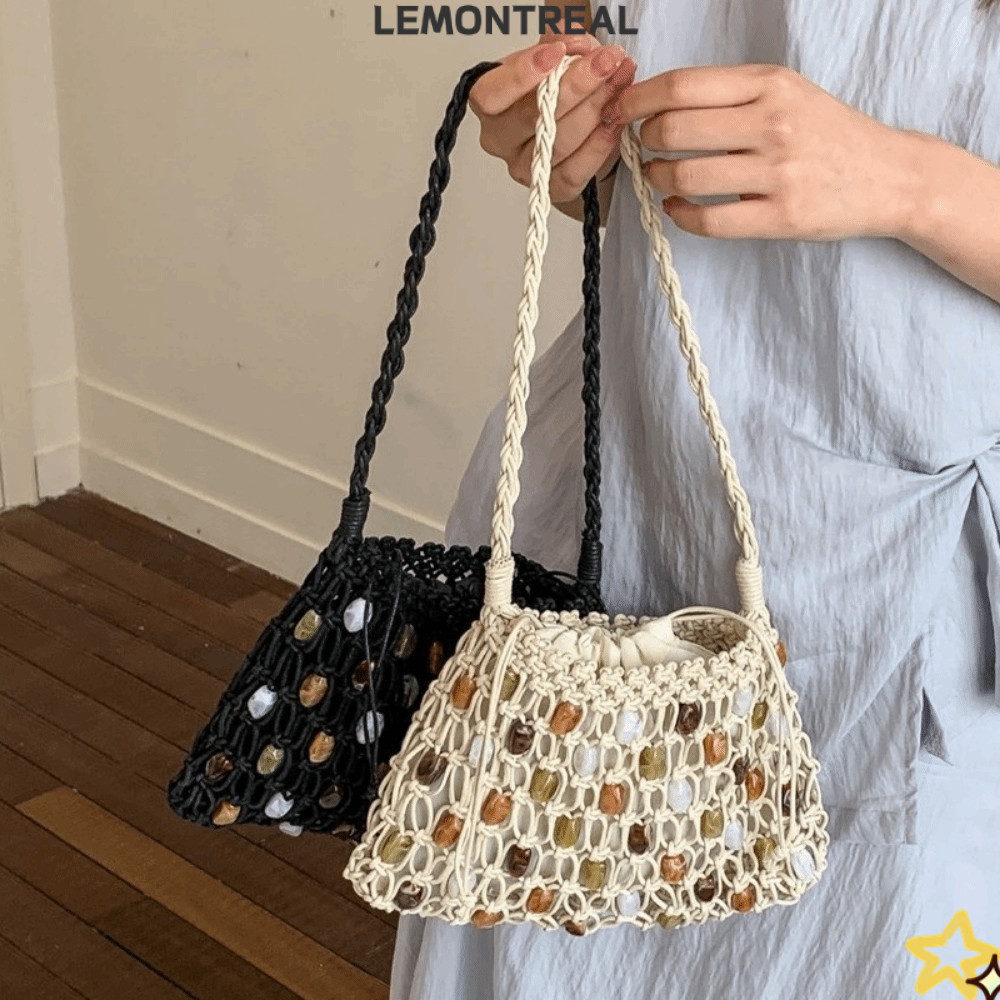 LEMONTREAL กระเป๋าสะพายลูกปัดทอโบฮีเมียนกลวง สีสันสดใส ความจุใหญ่ ของขวัญฤดูร้อน