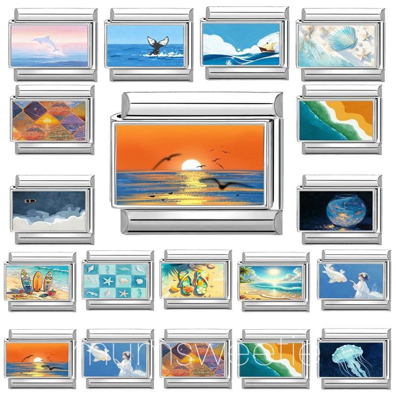 Y2K Cat Ocean Girl และ Whale Italian Charm Links ลูกปัด Fit 9 มม.สแตนเลส Modular ผู้หญิงผู้ชายสร้อยข้อมือ DIY เครื่องประดับของขวัญ
