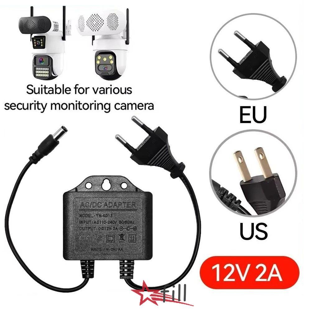 FILL อะแดปเตอร์แหล่งจ่ายไฟกล้อง,กันน้ํา EU Plug Power Adapter, Professional DC12V 2A AC100V-240V อินพุตกล้องวงจรปิดสีดําระบบกล้อง AHD