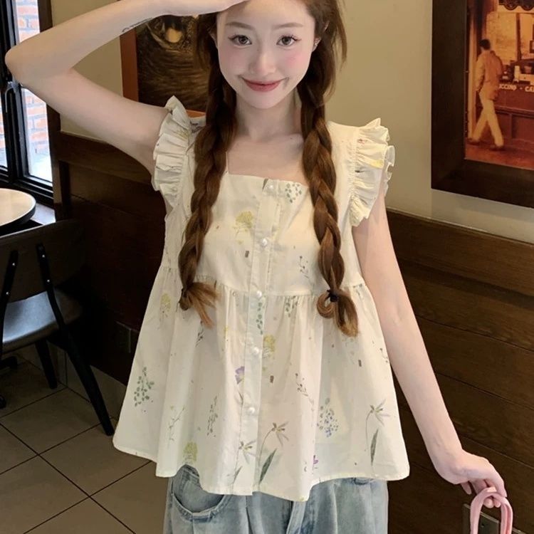 เสื้อแขนสั้นลายดอกแขนสั้นลายดอก เสื้อเชิ๊ตฝรั่งเศส petite ขนาดเล็กช่วงต้นฤดูร้อน