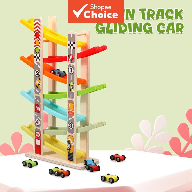 ไม้ Ramp Race Track ชุดรถ 7 ชั้น Mini Inertia รถยนต์ Montessori Learning Roller Coaster สไลด์