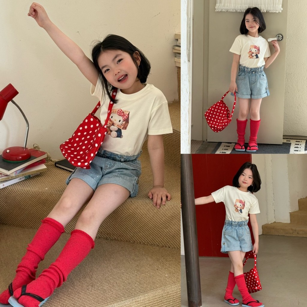 PRETTY BABY เสื้อเด็ก เสื้อยืดคอกลม ลายการ์ตูน กางเกงยีนส์ กางเกงขาสั้น แต่งเพชร(2156)